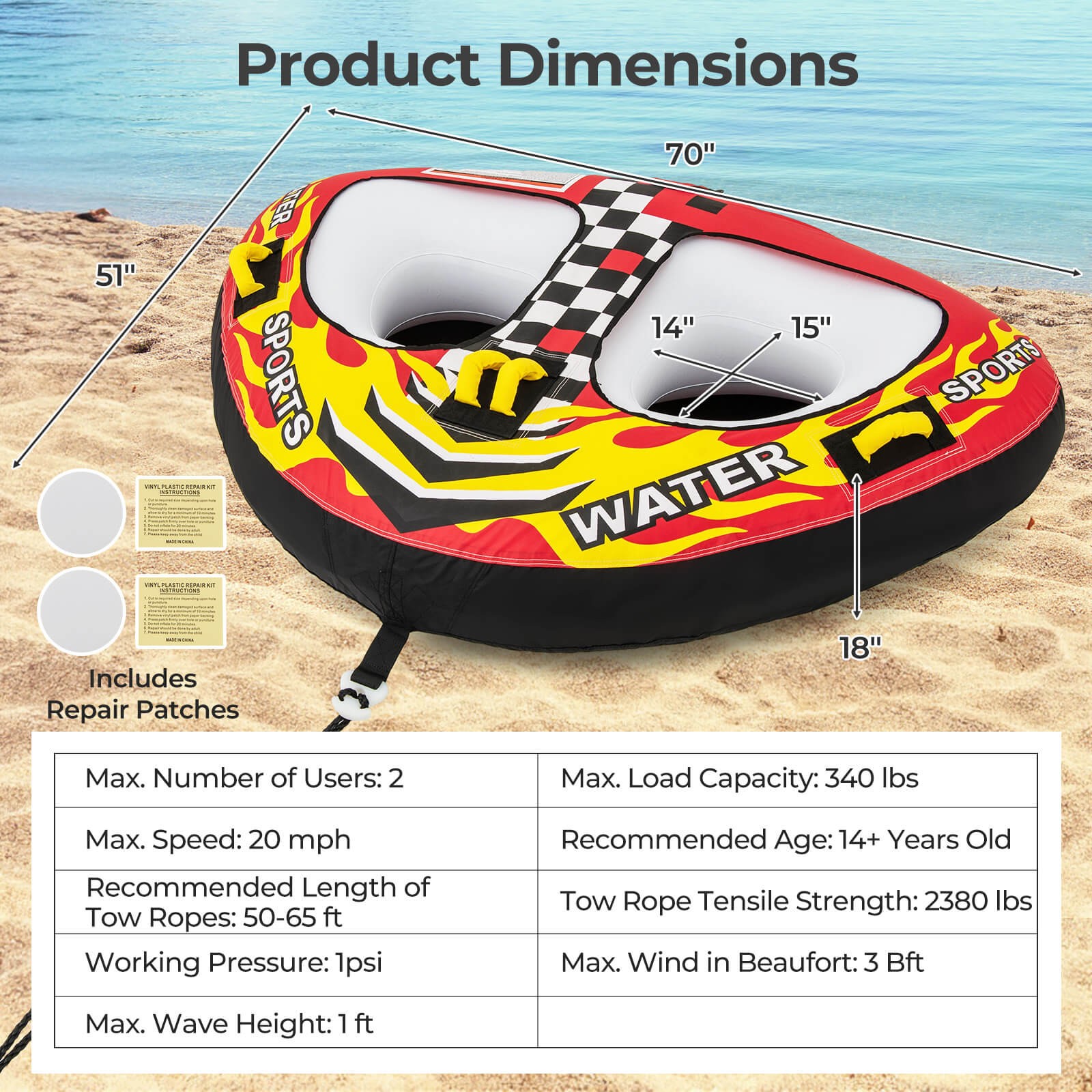 Towable Tube for Boating 1 or 2 Person Inflatable Boat Tube for Youth & Adult