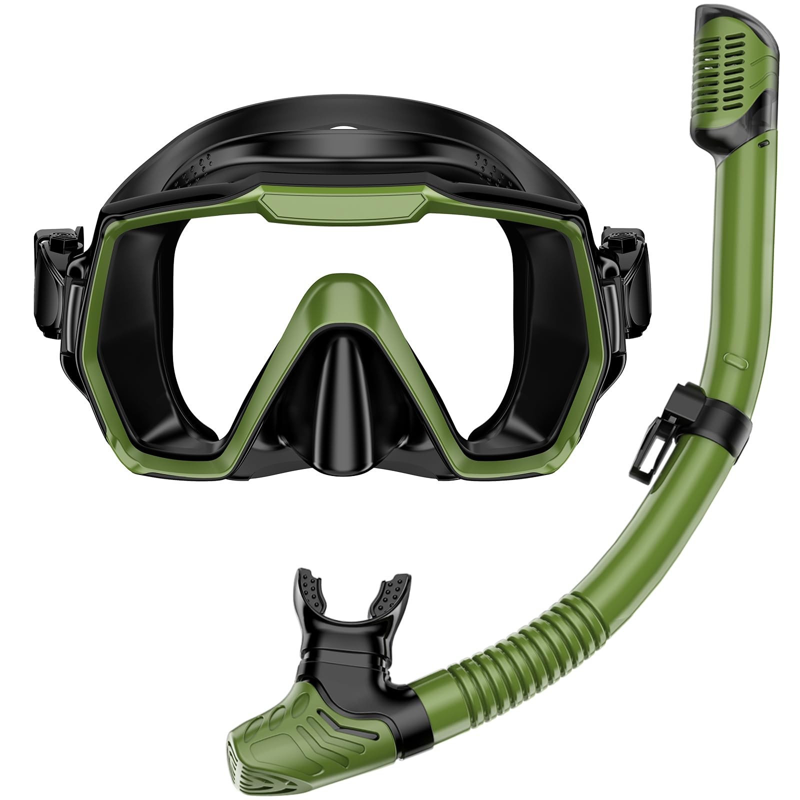 Snorkel Set Adults Snorkeling Gear Anti-Leak and Anti-Fog Army Green+Black