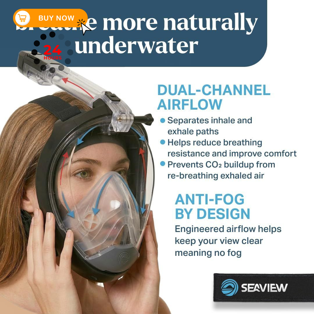 Seaview 180 Sport Full Face Snorkel Mask Adults, 180 Small-Medium, Stealth