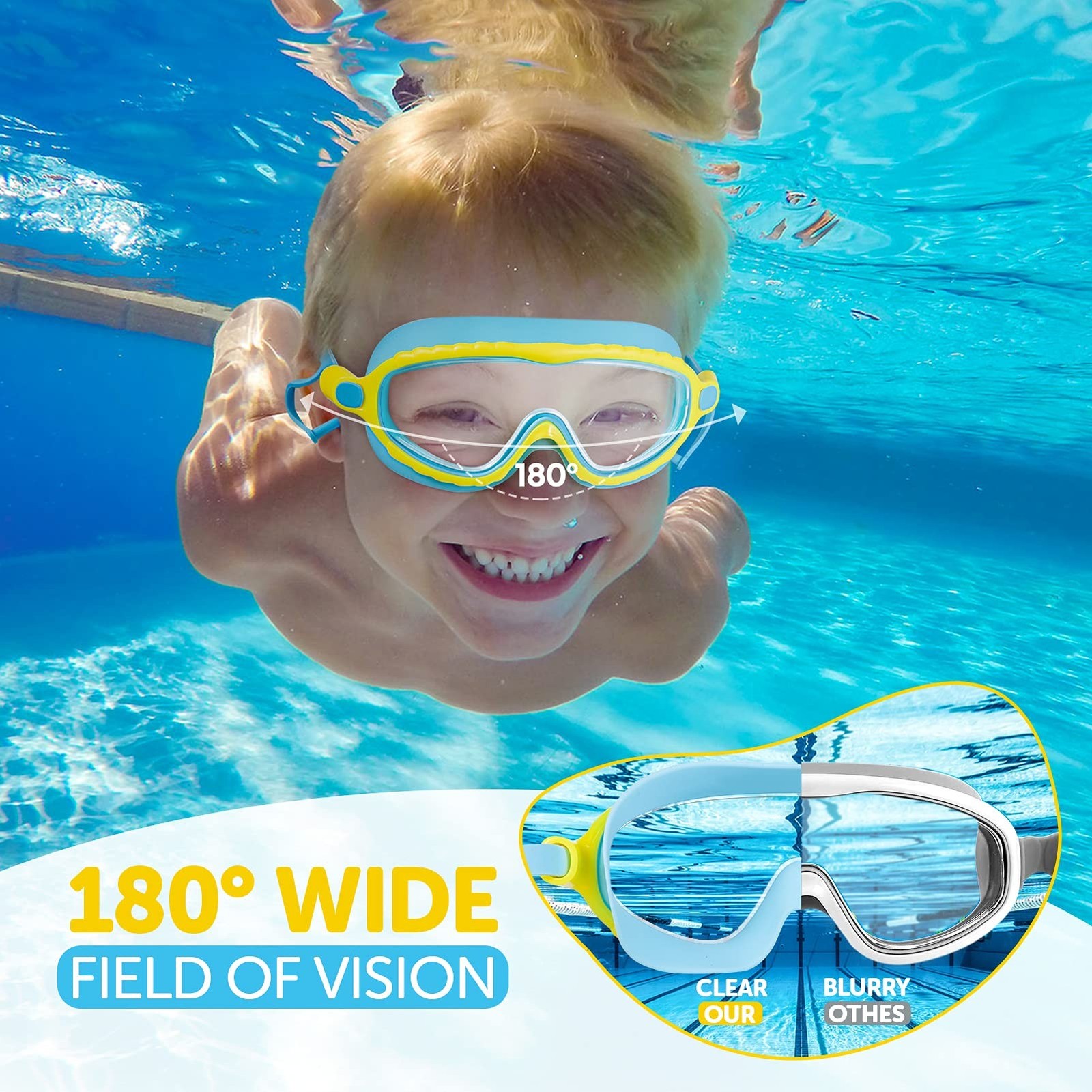 Portzon Wide View Swim Goggles, Unisex-Child Anti Fog Clear No Leaking Swimmi…