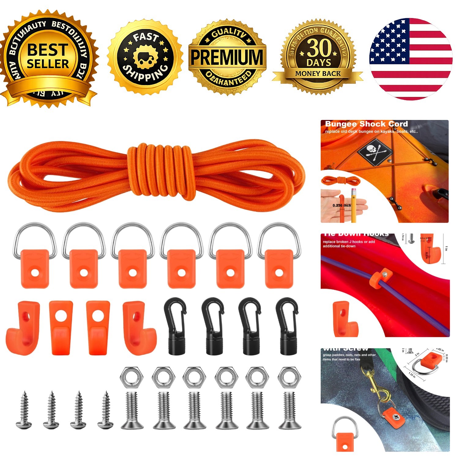 Kayak Deck Rigging Kit 1/4in Bungee Cord 9.8ft 6 D Rings 4 J Hooks Orange