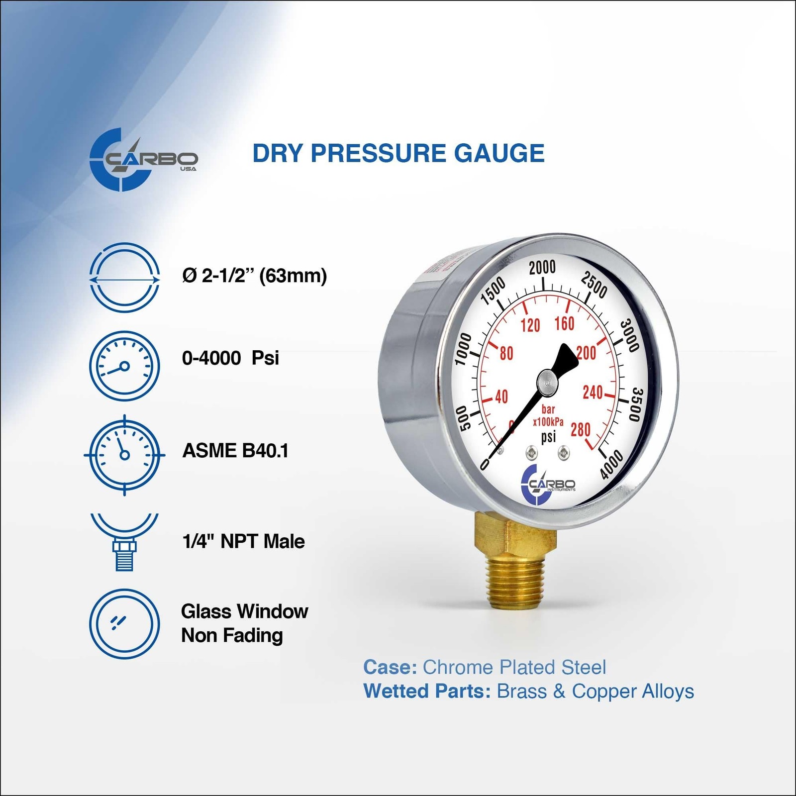 2-1/2″ Pressure Gauge, Chrome Plated Steel Case, Dry, 0-4000 psi/kPa, Lower M…