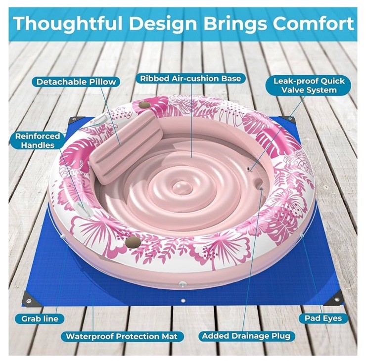 Luxury Tanning Pool (PINK) Inflatable Float w/ Pillow 75×75 in Age 3+ 500Lb