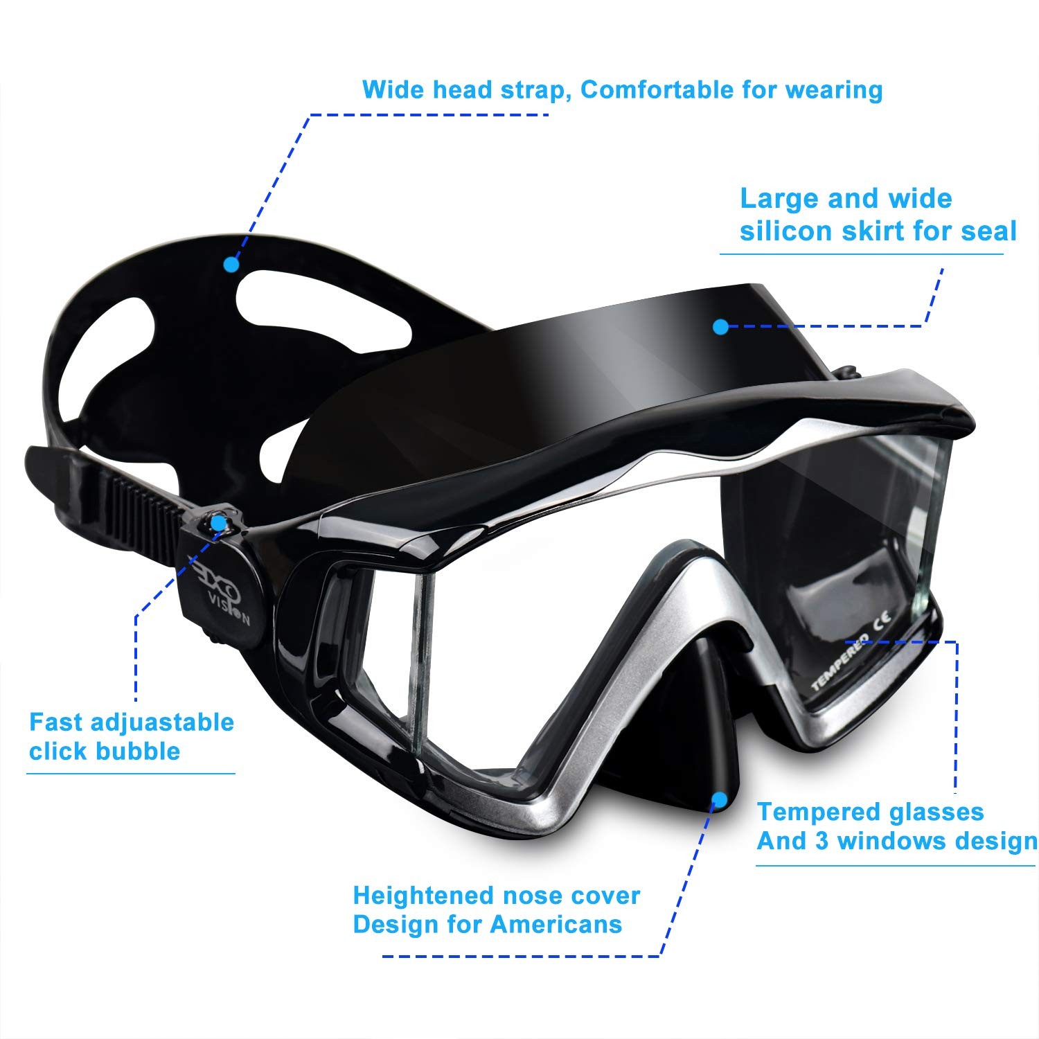 Adult Pano 3 Window Scuba Diving Mask, Tempered Glass Snorkel Mask Anti-Fog Swim