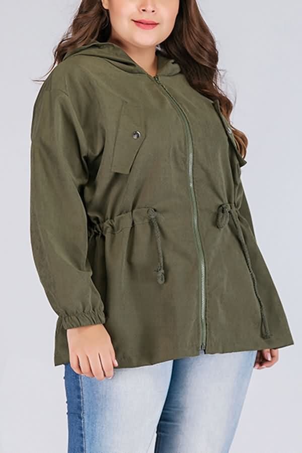 Army-Green Jacket with Zipper Drawstring Hood