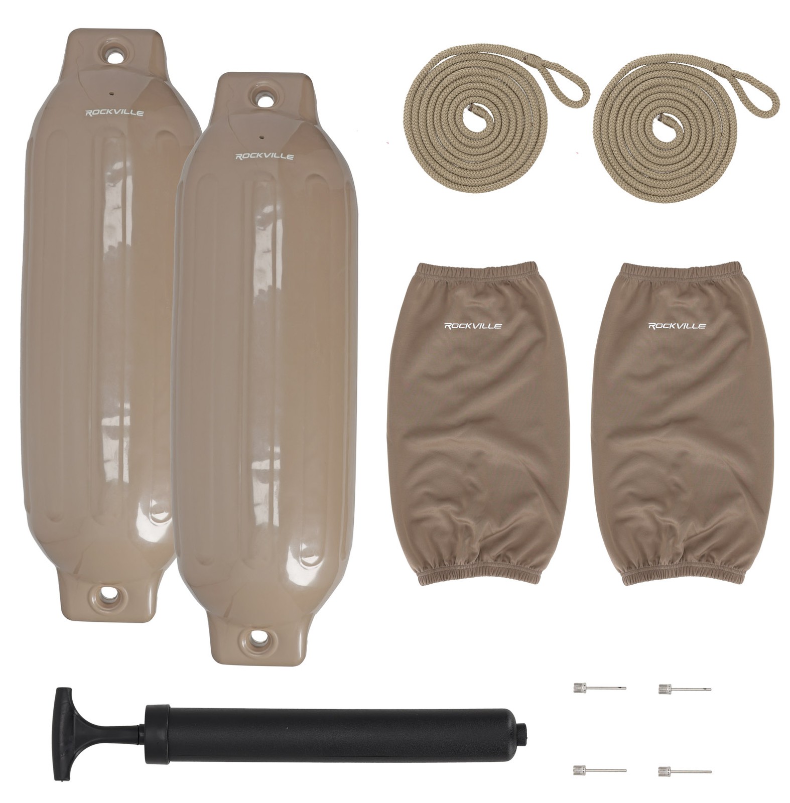 Rockville FEN285-SAND Boat Fender Package 2 Bumpers 8.5″x27″, 2 Covers, 2 Lines