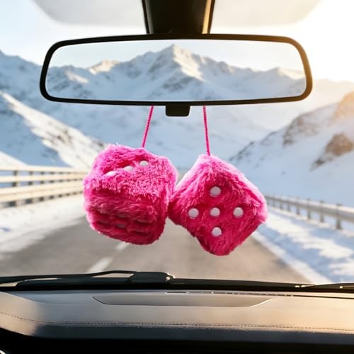 Zpana Fuzzy Dice for Car Mirror – 2.36 Inch Plush Cute Vehicle Square Rose Red