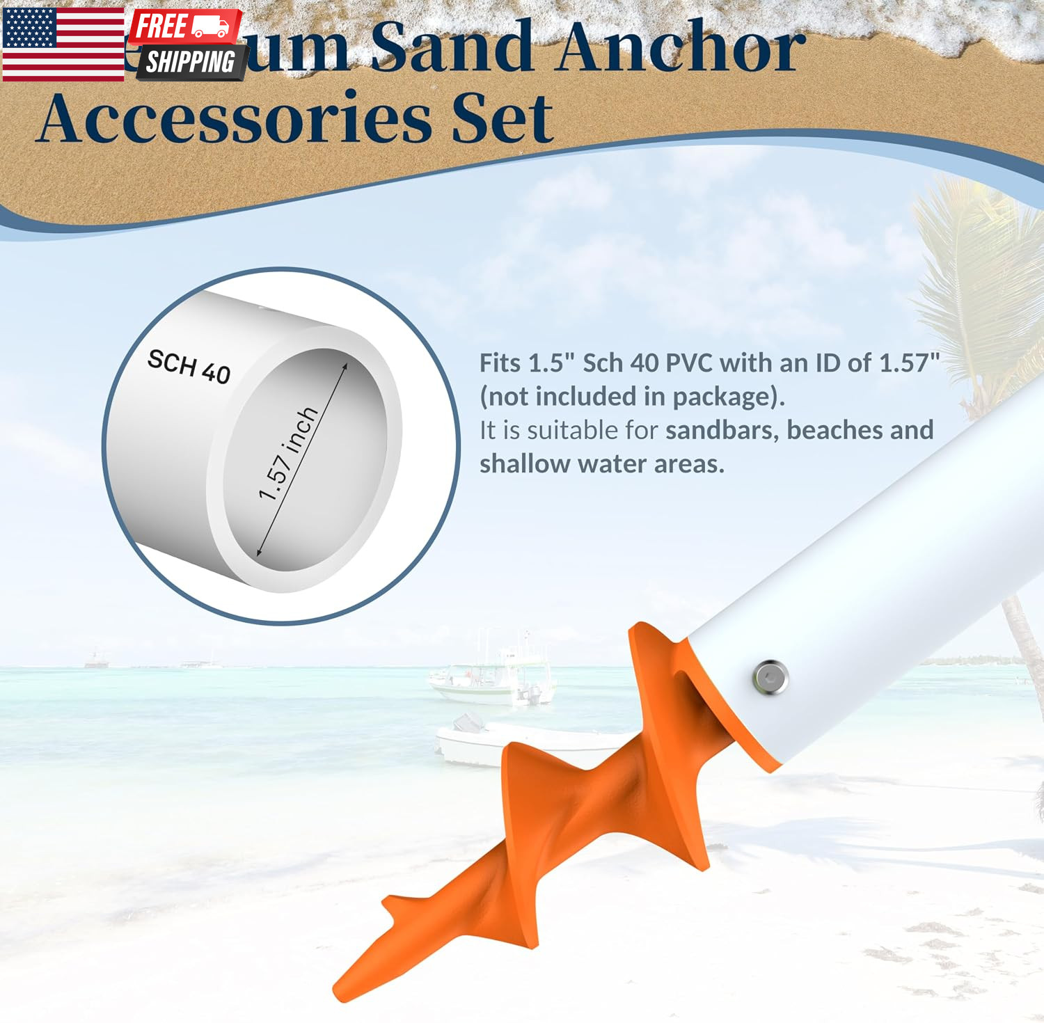 Sand Dock Auger Kit for PVC Sandbar Anchors, Fits 1.5″ SCH 40 PVC Tubing (ID 1.5