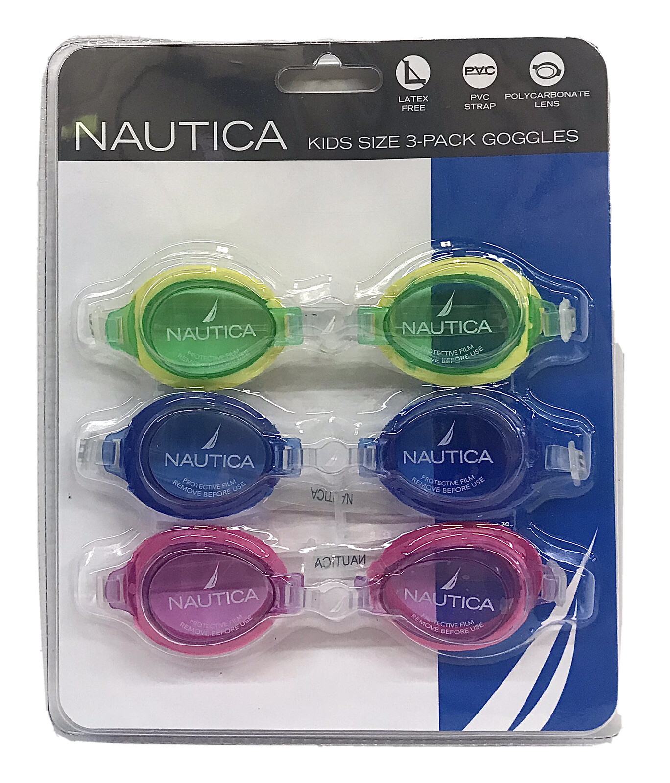 3 Pack Youth Adjustable Swimming Goggles Nautica (Green, Blue, Pink)