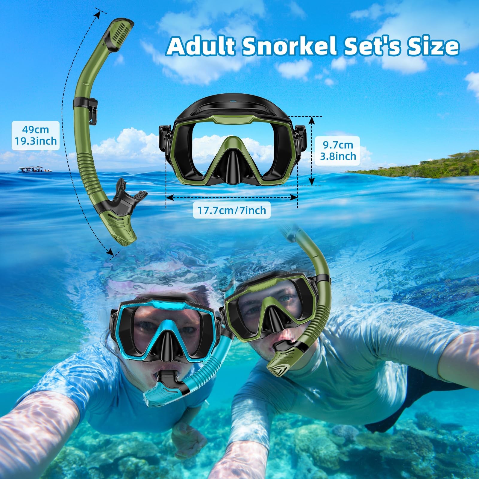 Snorkel Set Adults Snorkeling Gear Anti-Leak and Anti-Fog Army Green+Black