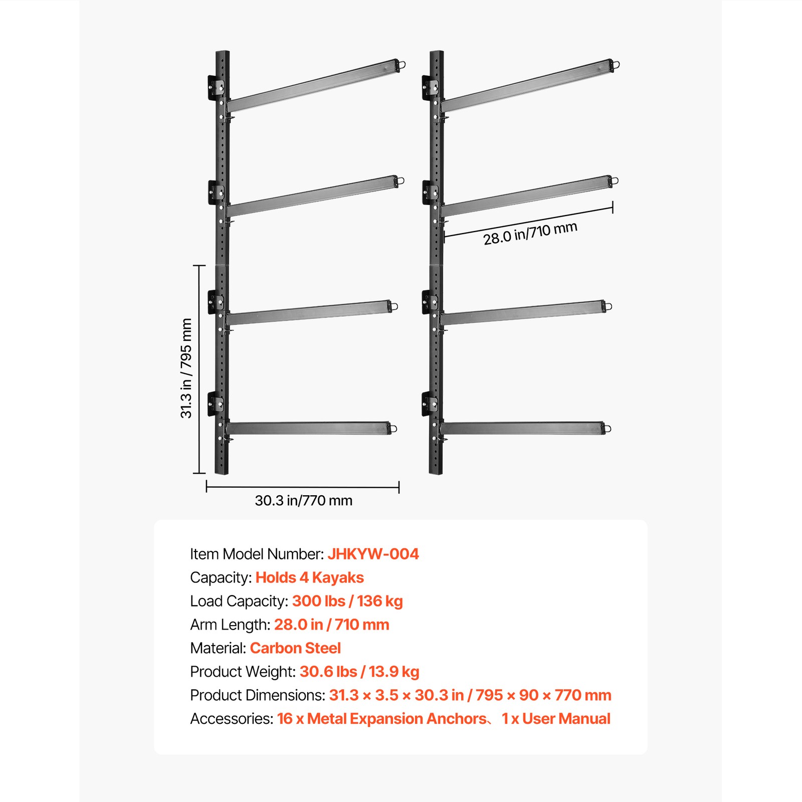 Uimoso Wall-Mounted Rack for Kayaks and Paddleboards, 4 Units, 300 lbs Capacity