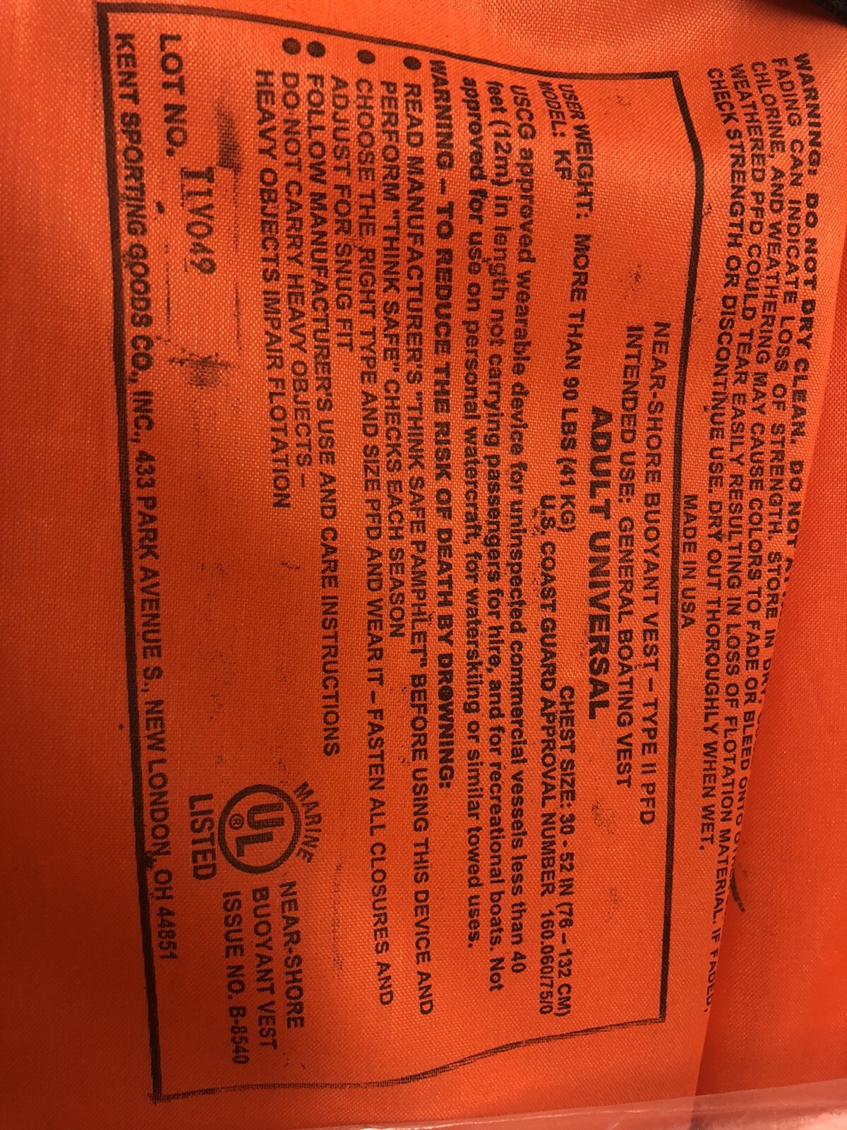 KENT BUOYANT LIFE VEST TYPE II P.F.D ADULT U.S COAST GUARD APPROVED Over 90 LBS