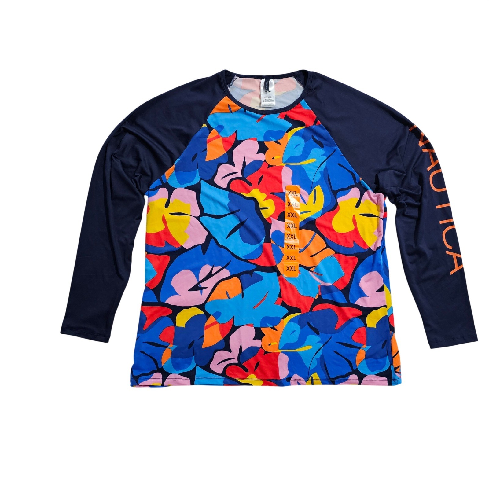 Nautica XXL Women XXL Navy Tropical Rash Guard Long Sleeve Swim Top