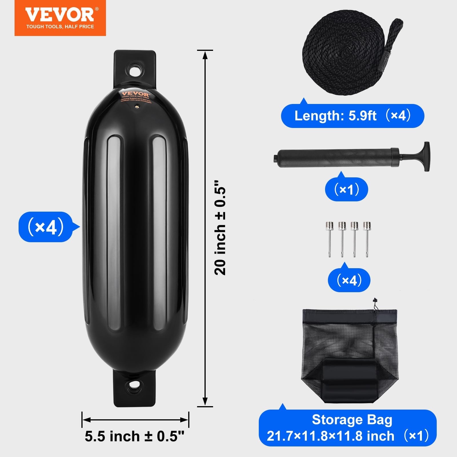 Inflatable Boat Fenders 5.5″ x 20″ – Ribbed Dock Bumpers with Air Pump, Marine S
