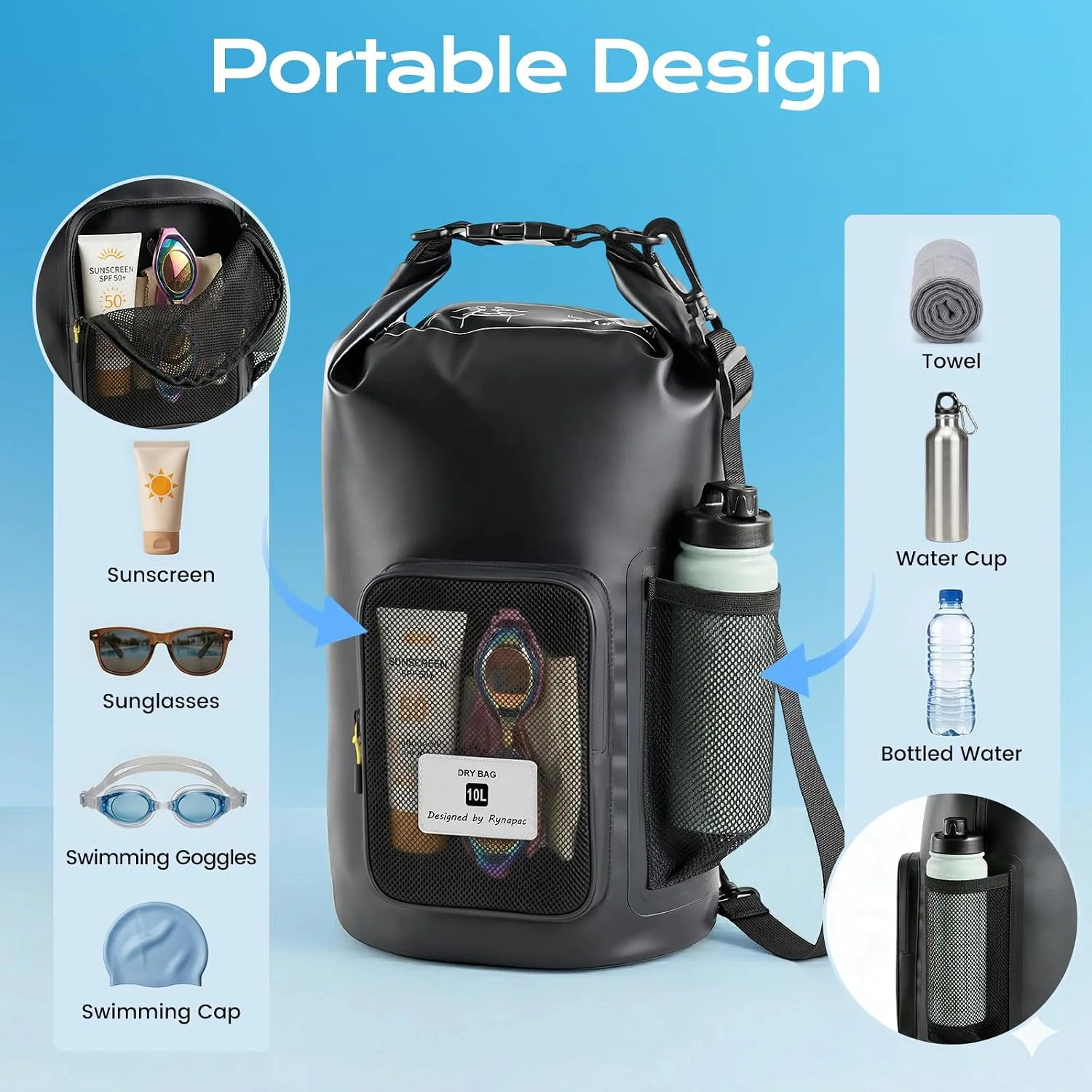 5L Waterproof Dry Bag with Bottle Holder & Mesh Pocket, 500D PVC Tarpaulin Roll
