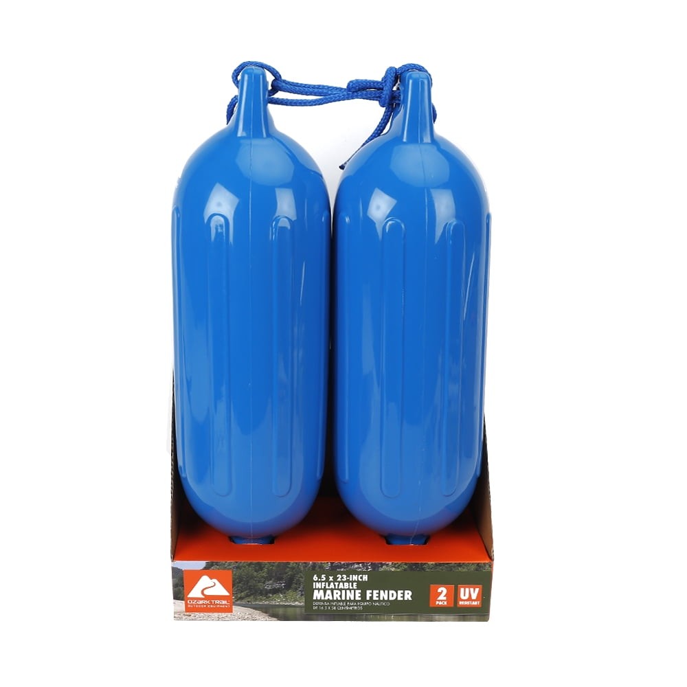 2-pack Inflatable Boat Fenders – Blue 6.5×23″ with Fender Lines, Bumpers Buoys