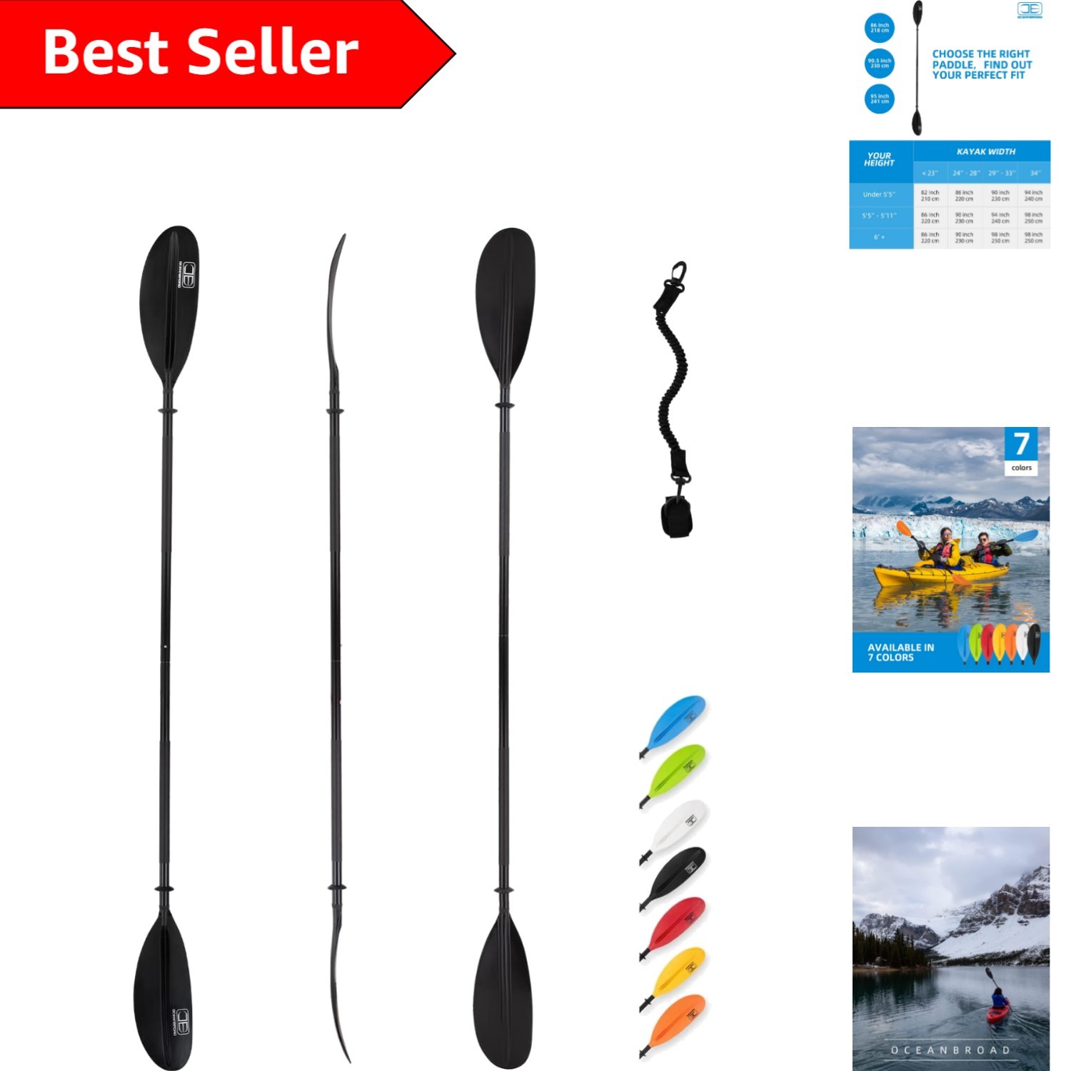 All-Season Kayak Paddle 90.5in/230cm – Lightweight Alloy with Leash Included