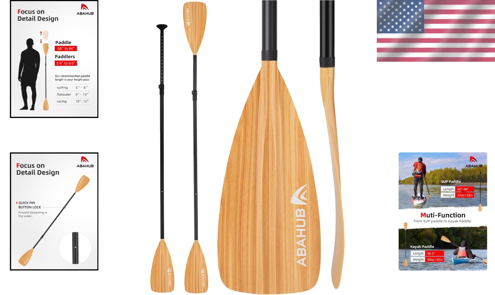 Versatile 3-Piece SUP Paddle: Adjustable Carbon Fiber Kayak Paddle, 68”-84”