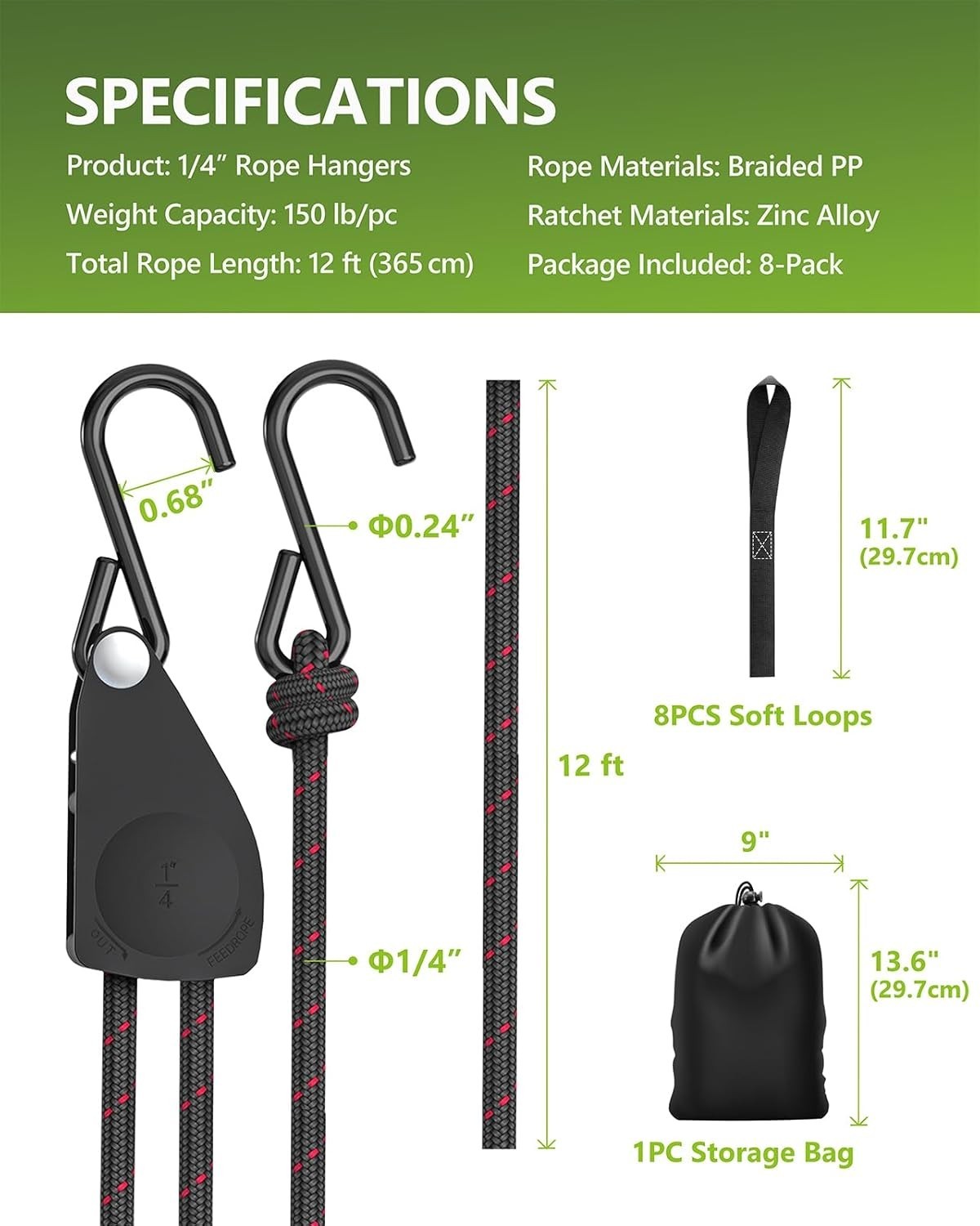 Secure 1/4 Inch Ratchet Tie Down Straps – Up to 150 lbs Load Capacity, 8 Pack