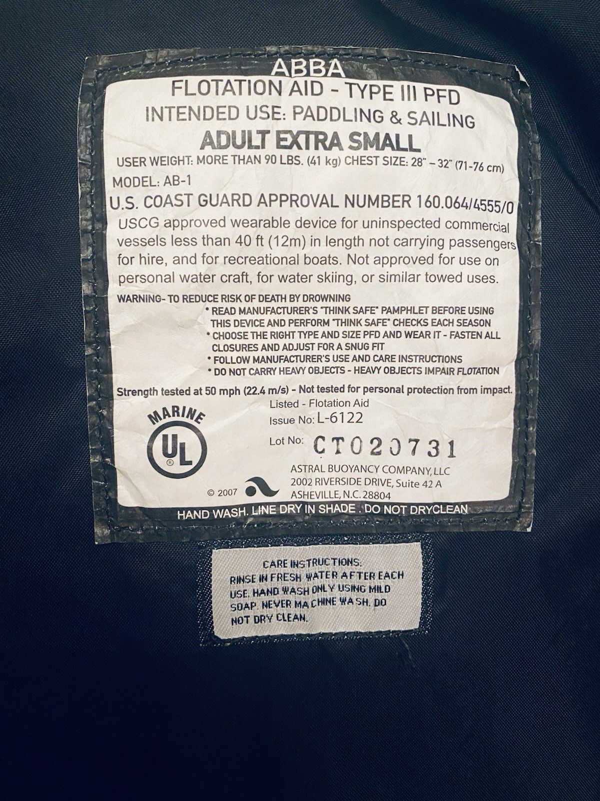 Astral AB-1 Type III PFD Flotation Aid Life Jacket Vest Adult XS Blue/Gray