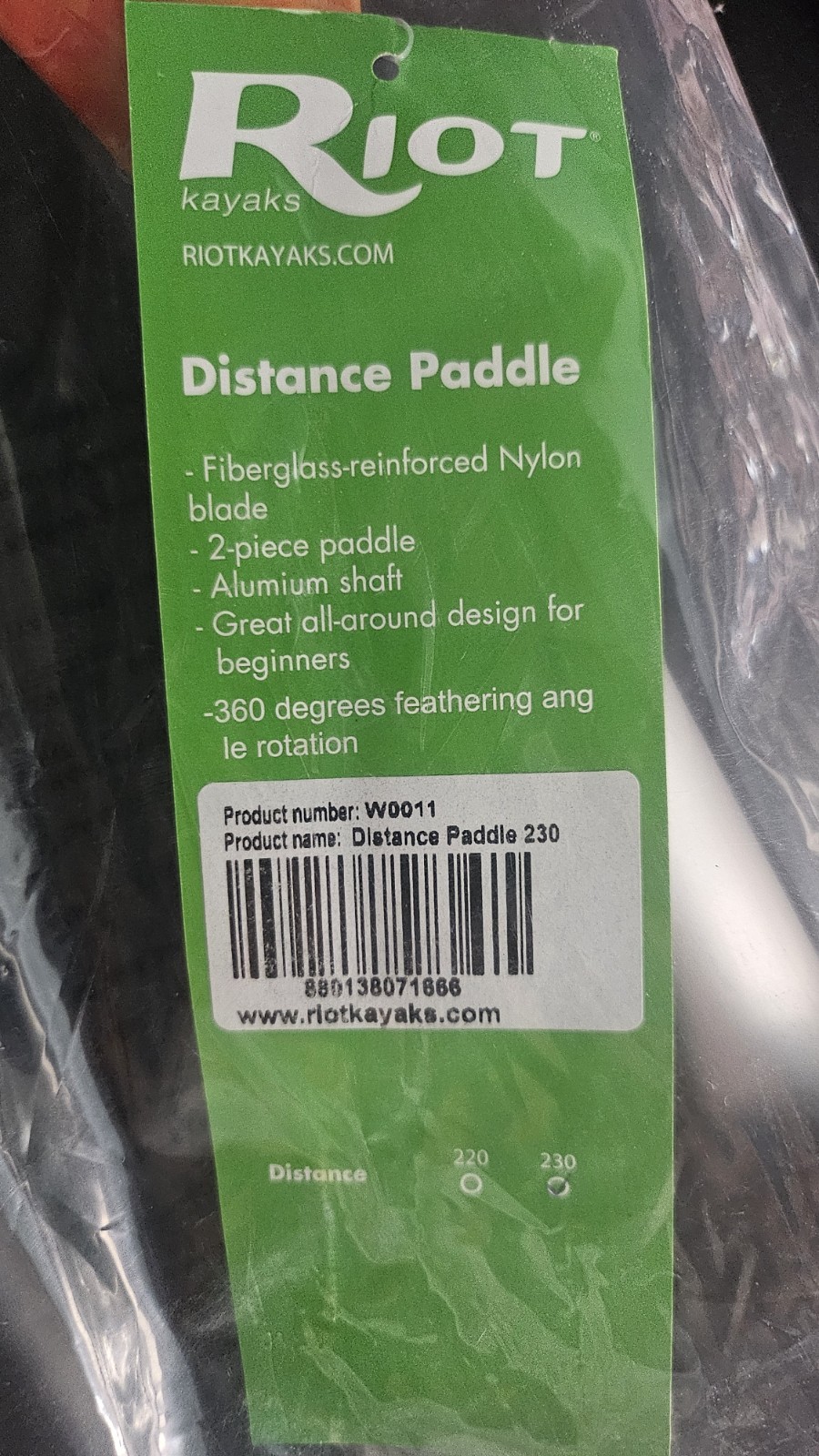 RIOT KAYAKS DISTANCE PADDLE 230 – 2 PIECE PADDLE, ALUMINIUM SHAFT, NEW