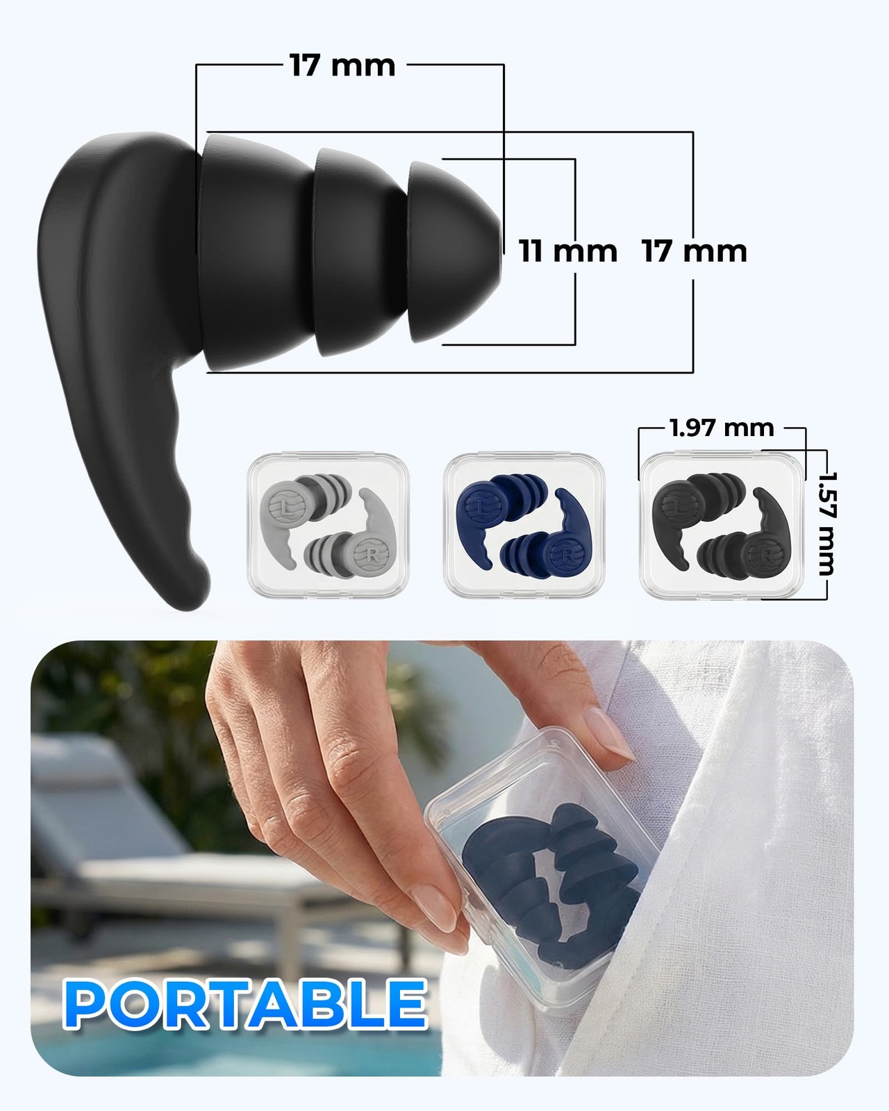 3 Pairs Swimming Earplugs Waterproof 1 pair (Pack of 3), Black-blue-gray