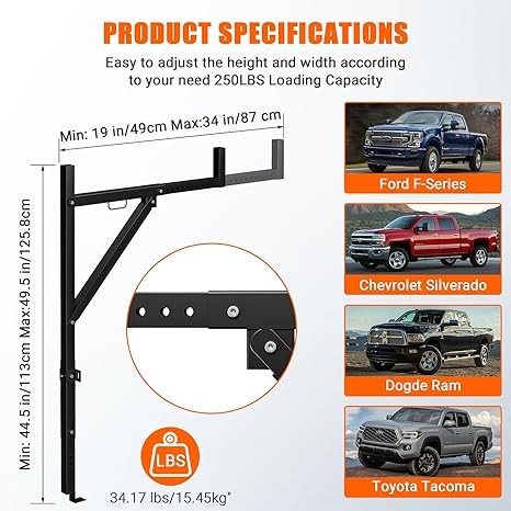 19-34″ Extendable Truck Ladder Rack Truck Rack 44.5-49.5″ Adjustable 250 Lbs