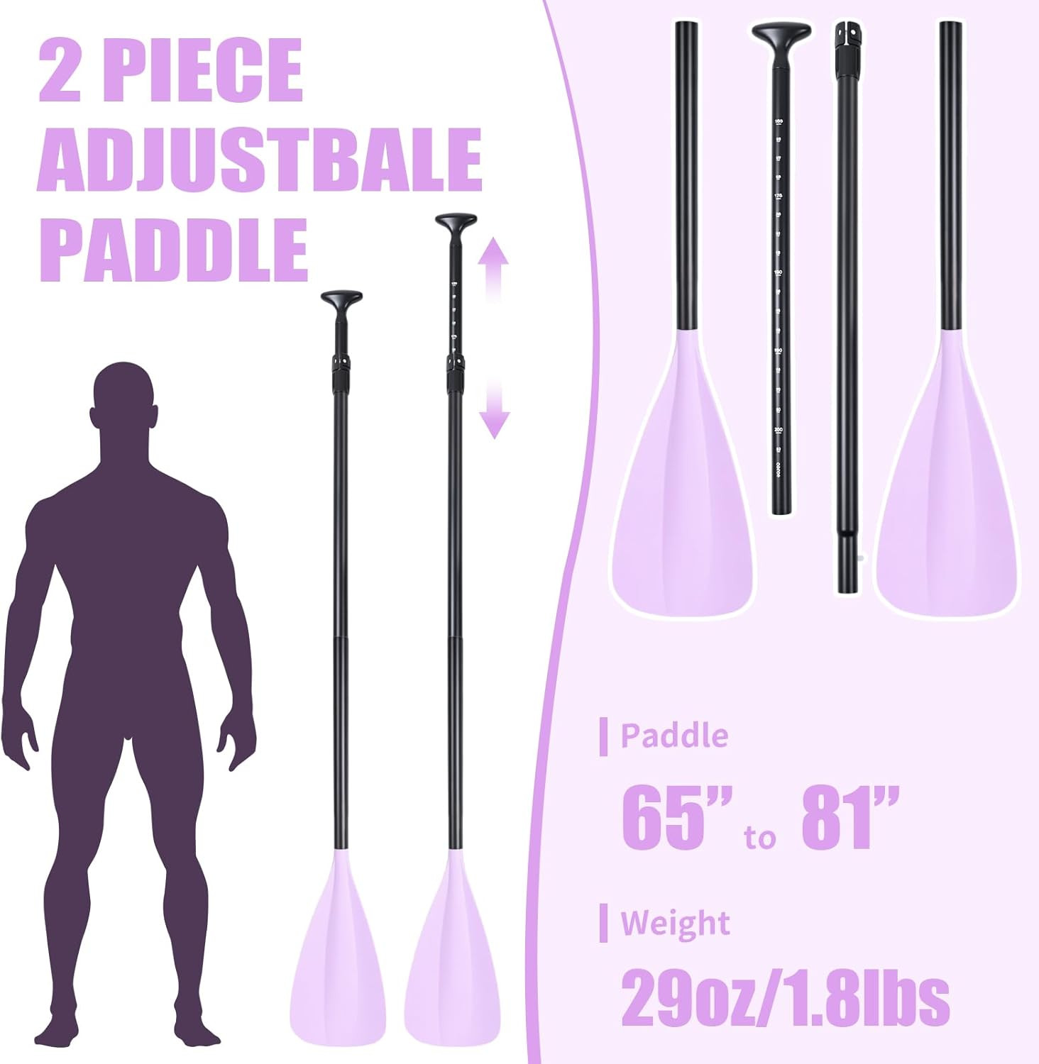 2 Pack Sup Paddle with 2 Leashes, Floating 3 Piece Adjustable Aluminum Paddle Bo