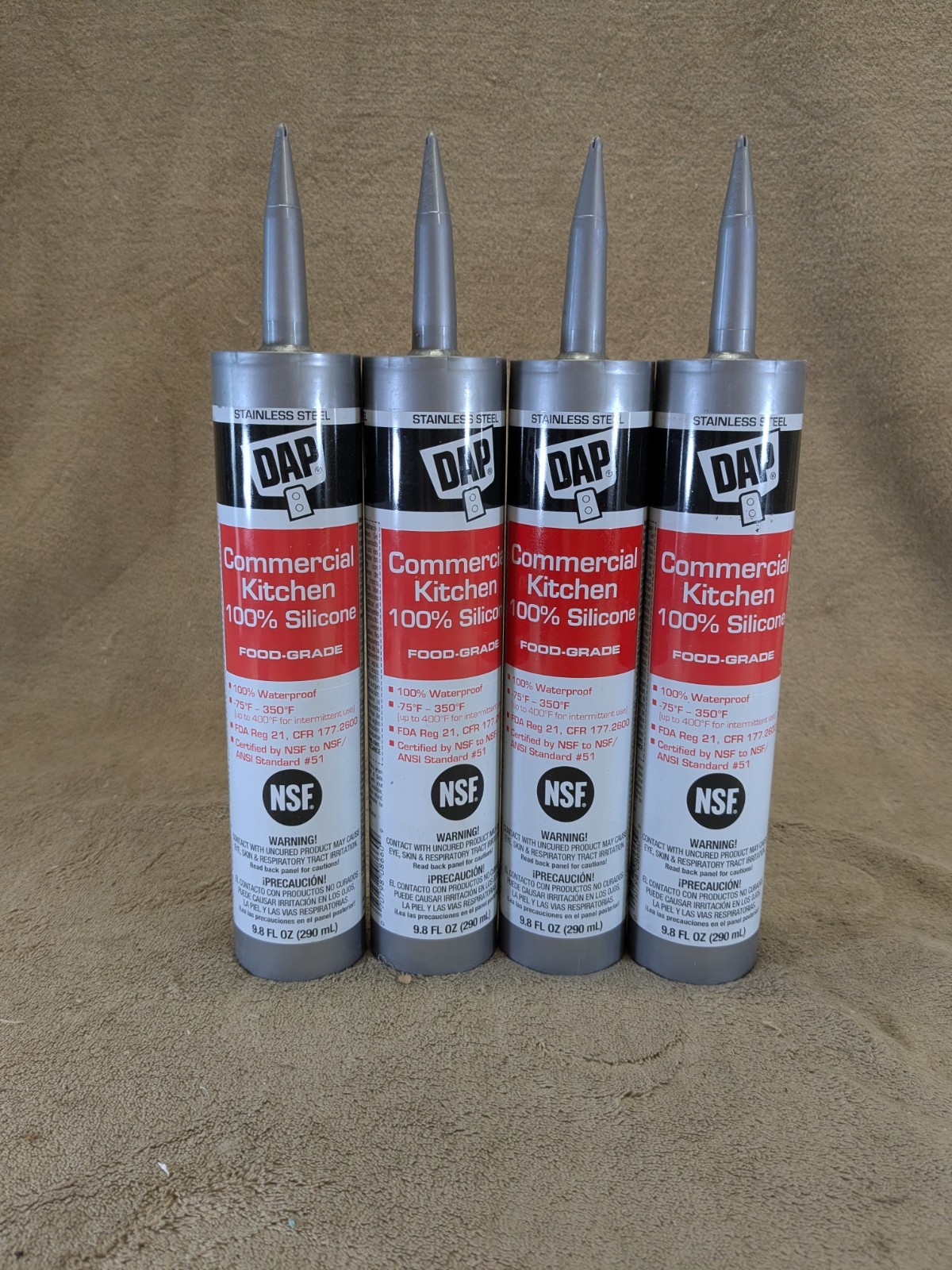 Lot of 4 DAP Commercial Kitchen 100% Silicone Sealant, 9.8 Oz, Stainless Steel