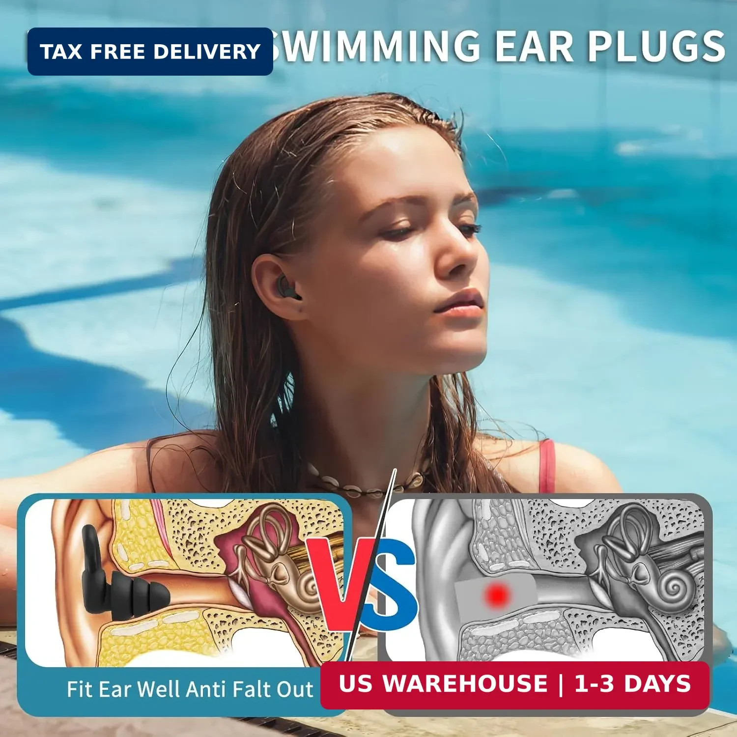 Swimming Ear Plugs for Adults, 4 Pairs Reusable Silicone Waterproof Colorful Swi