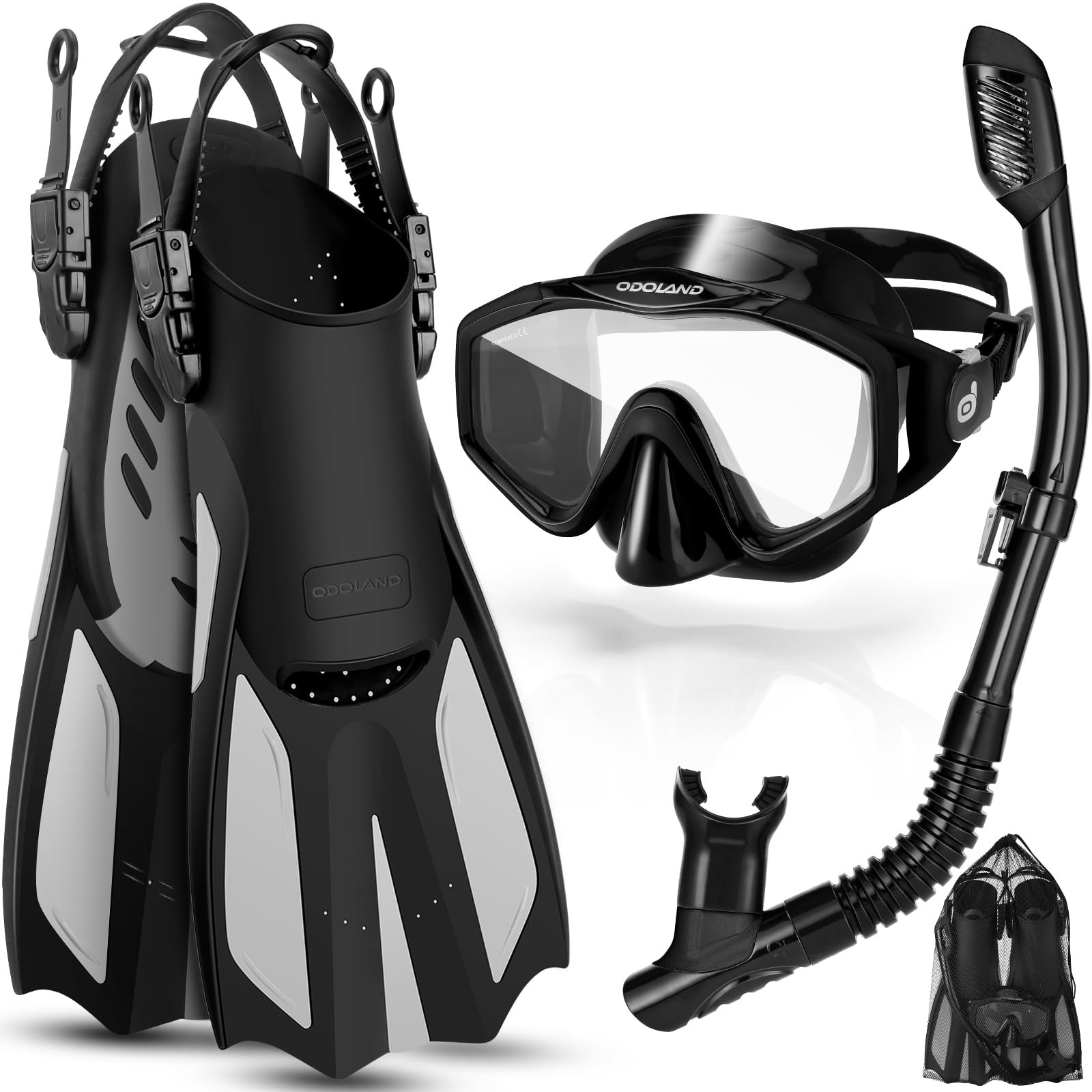 Odoland Snorkel Set, Snorkeling S/M (US Men 4.5-8.5/ Women 5.5-9.5), Black