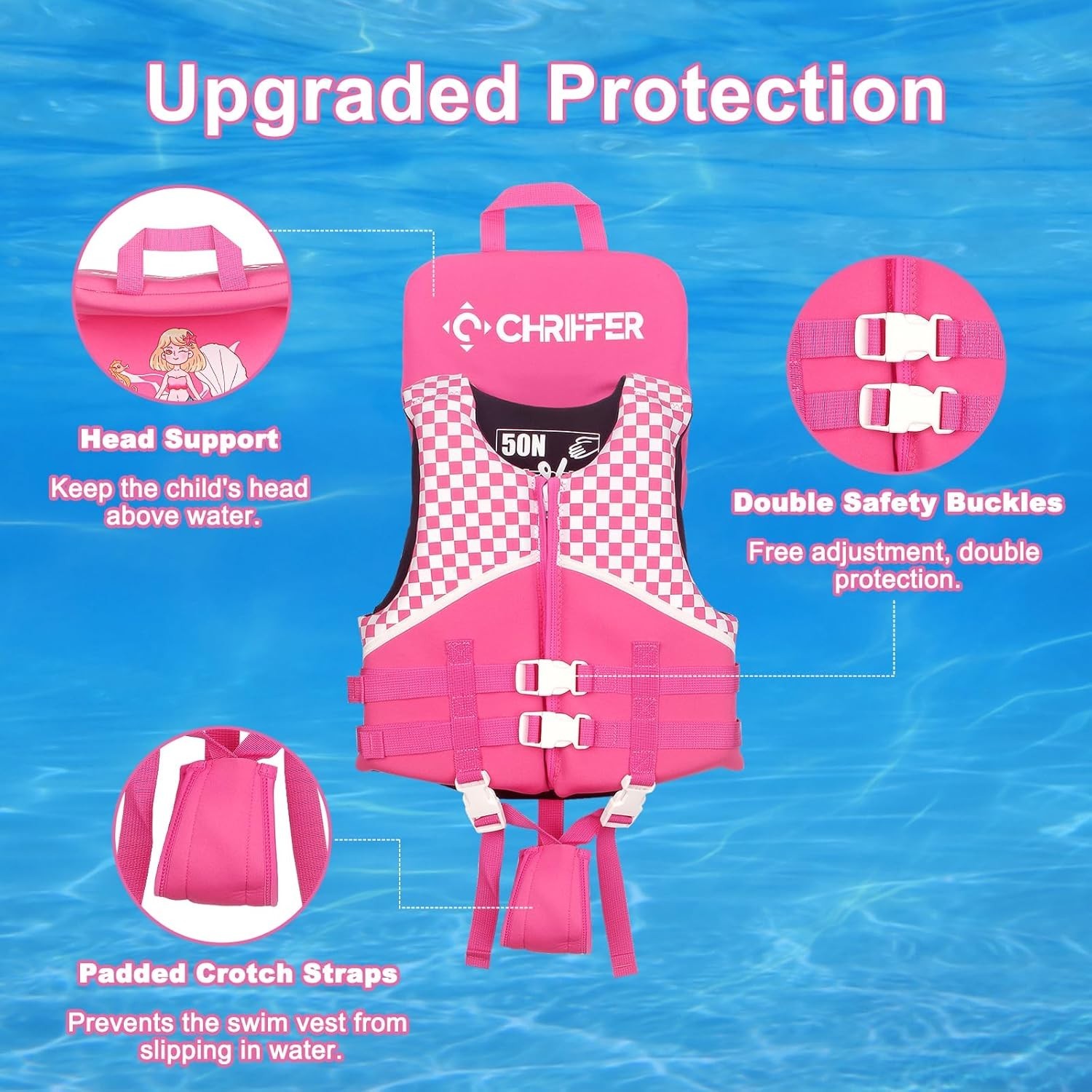 Chriffer Kids Swim Vest for 30- 50 Pounds Girls, Easy On/Off Zipper….