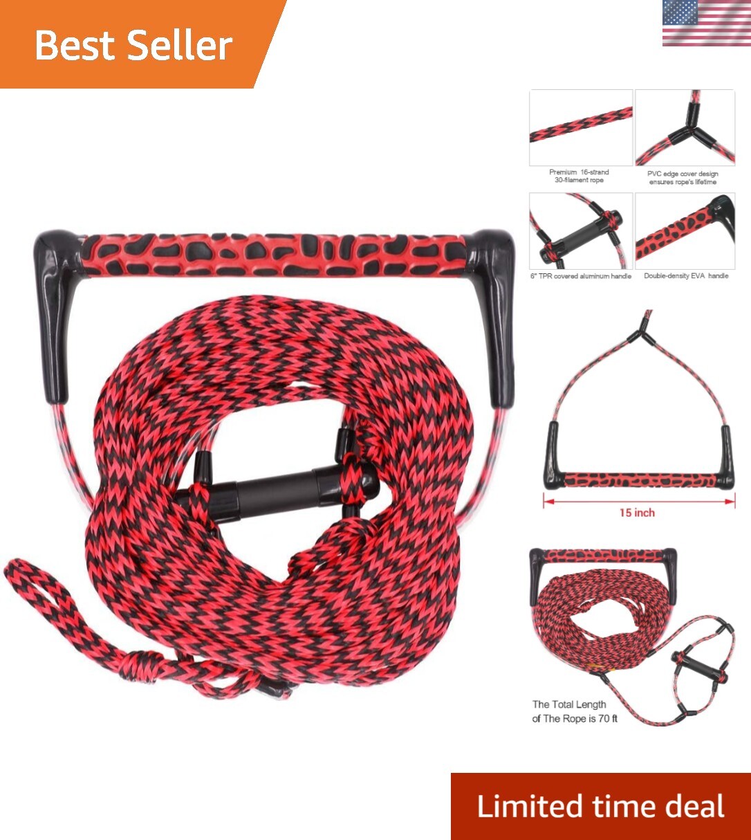 Professional Wakeboard Rope with EVA Handle | Maximum 2200 lbs Tensile Force