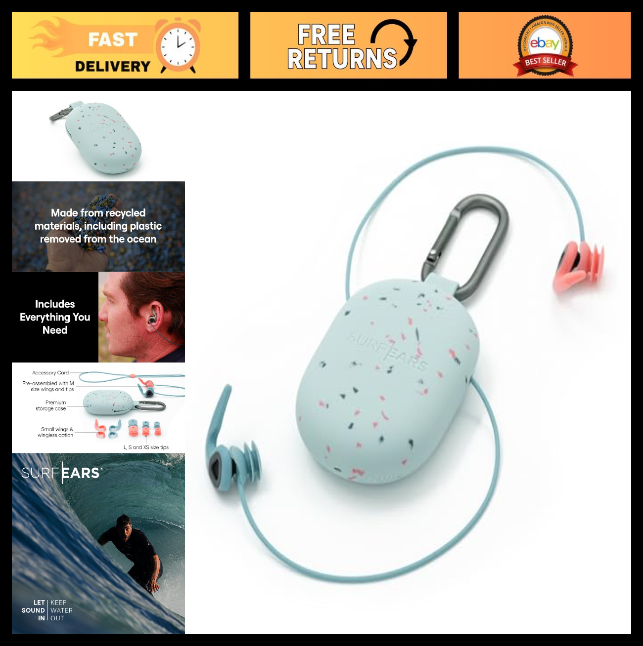 Surf Ear Plugs for Adults – Water-Resistant Sound Blocking for Surfing – Coral/S