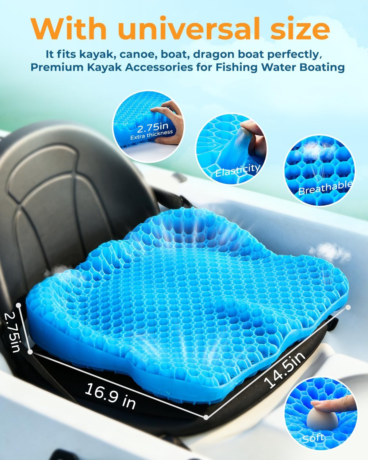 Premium Gel Kayak Seat Cushion, Thickened Non-Slip Waterproof Seat Pad, Breathab