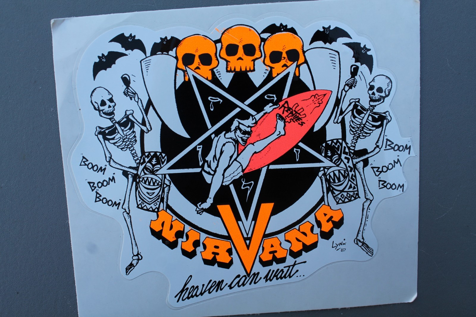 Nirvana Surfboards Neon Orange 80’s Pentagram Skulls V4A Vintage Surfing STICKER