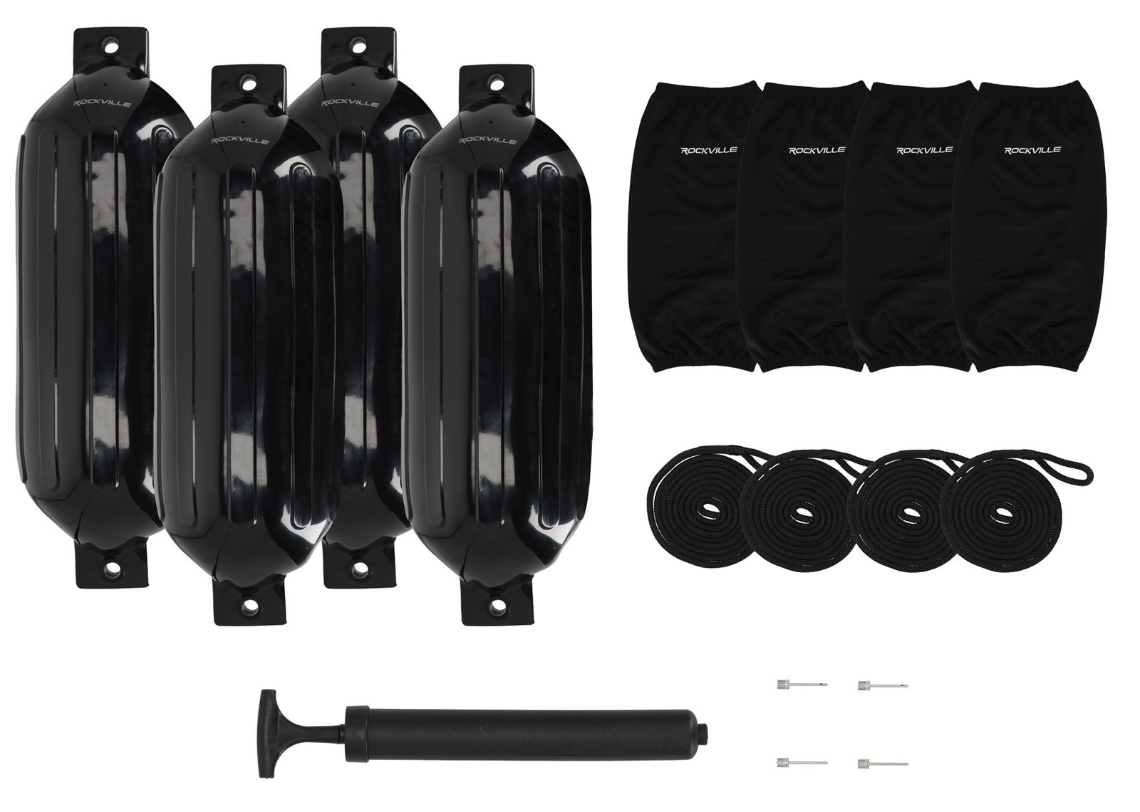 Rockville FEN410-BLACK Boat Fender Package 4 Bumpers 10″x30″, 4 Covers, 4 Lines