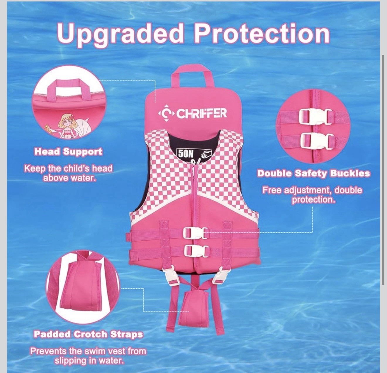 Chriffer Kids Swim Vest for 30- 50 Pounds Girls, Easy On/Off Zipper….