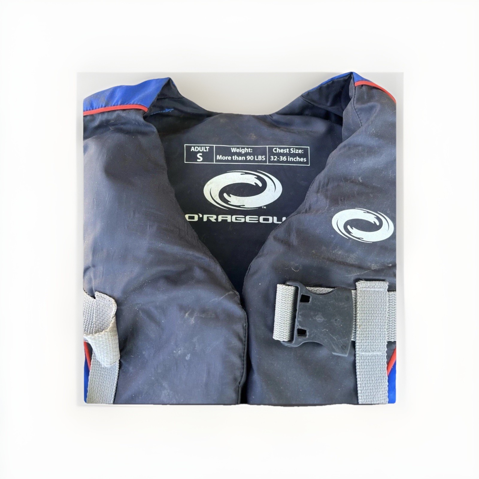 O’Rageous Adult Small Life Jacket Blue Black Chest 32-36″ Over 90 lbs
