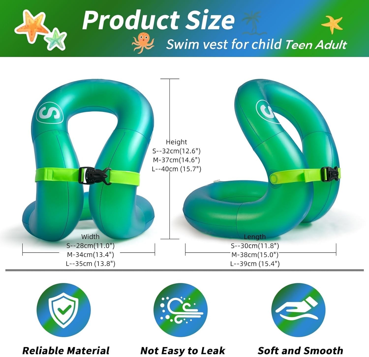 Inflatable Swim Vest for Teens & Adults – Lightweight Buoyancy Aid in Green-l