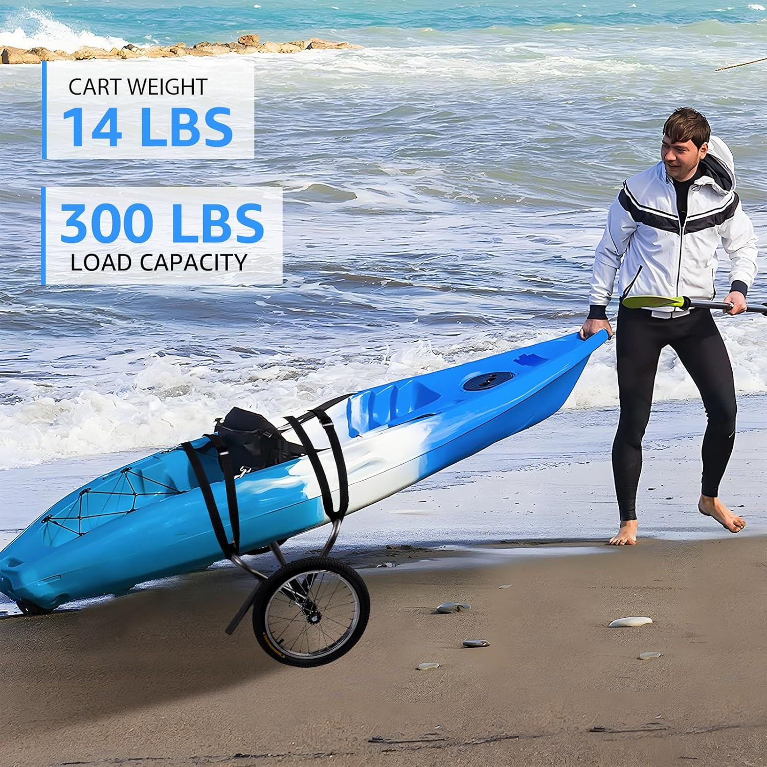 Heavy Duty Kayak Beach Cart with 16″ Wheels – 300 LBS Capacity, Adjustable Width