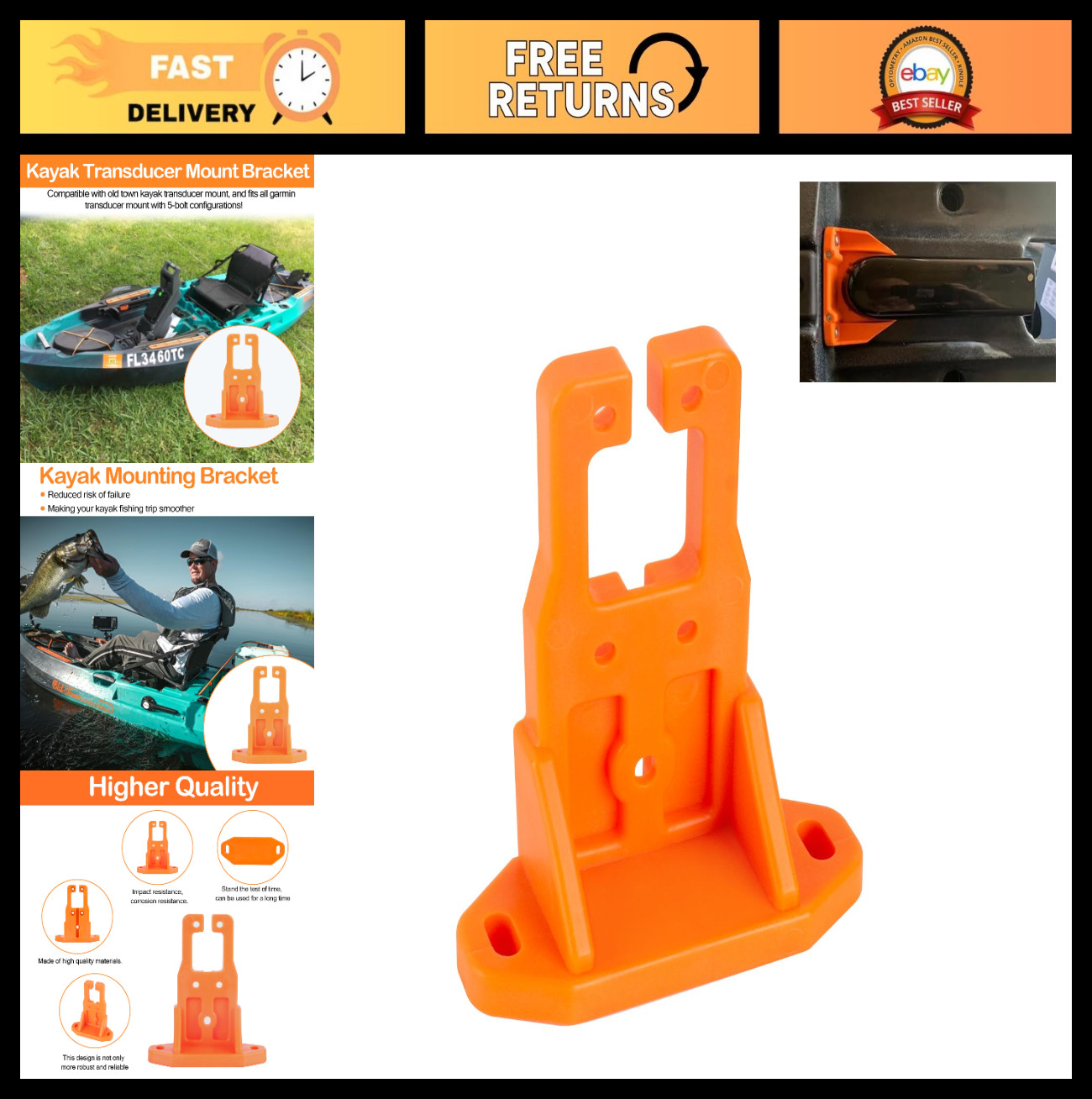 Universal Kayak Transducer Mount Bracket – Compatible with Most Kayaks, Orange
