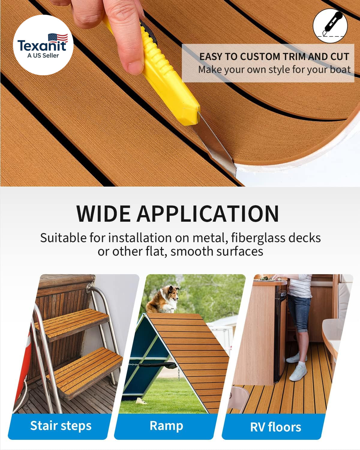 Foam Boat Flooring Faux Teak 48″x16.8″ 3M Adhesive Non Slip Marine Deck Pad 6mm