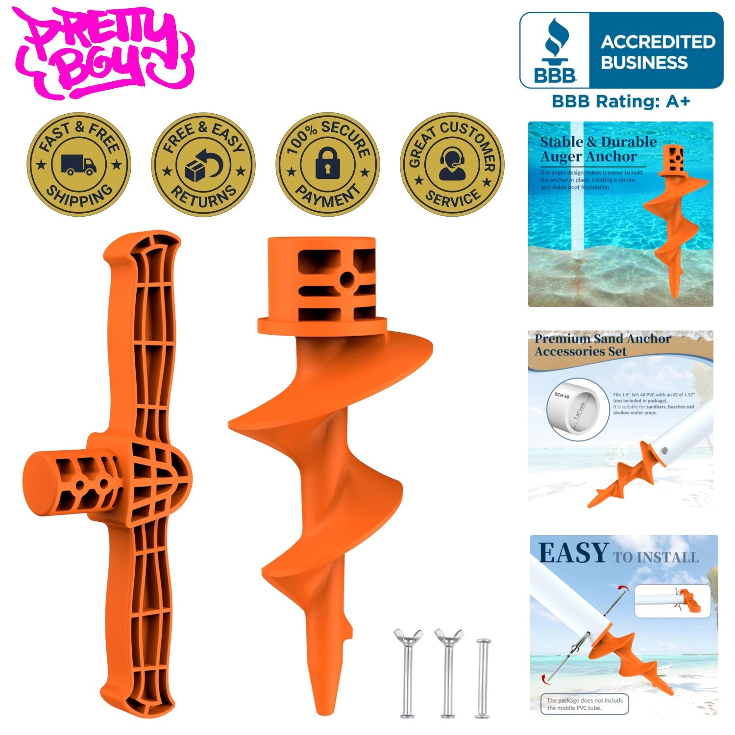 Sand Dock Auger Kit for PVC Sandbar Anchors, Fits 1.5″ SCH 40 PVC Tubing (ID 1.5