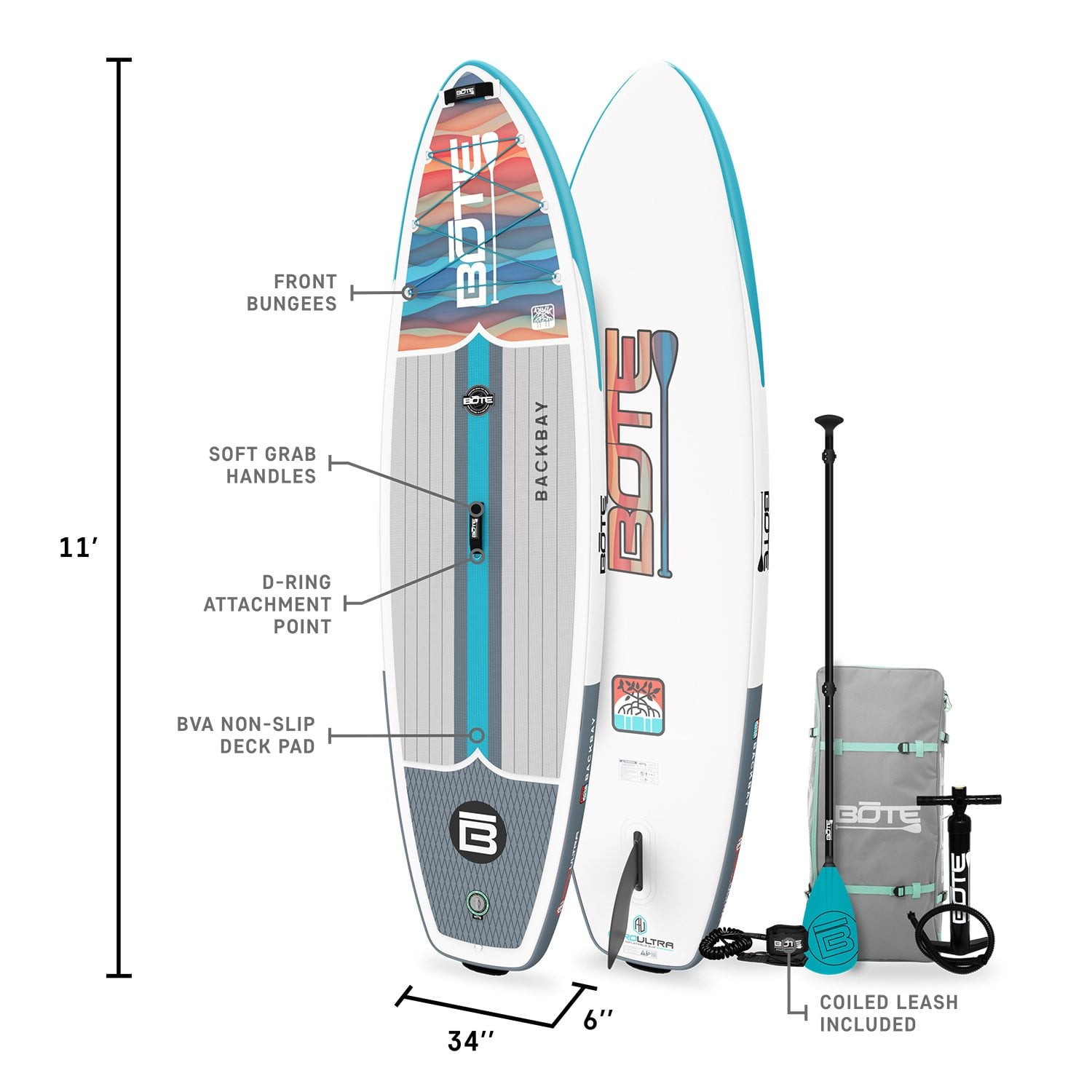 NEW BOTE Backbay Aero Inflatable 11′ SUP Stand Up Paddleboard w/ Paddle & Leash