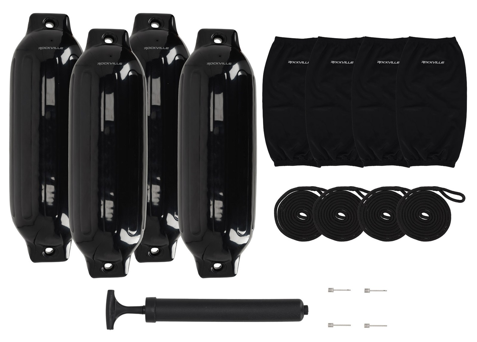 Rockville FEN485-BLACK Boat Fender Package 4 Bumpers 8.5″x27″, 4 Covers, 4 Lines