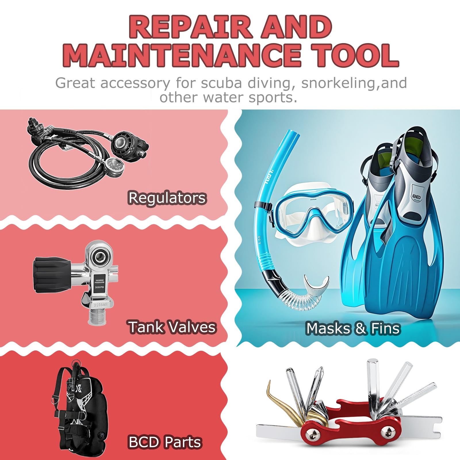 Scuba Tools Kit, 8-in-1 Folding Stainless Steel Diving Multi-Tool Repairing S…