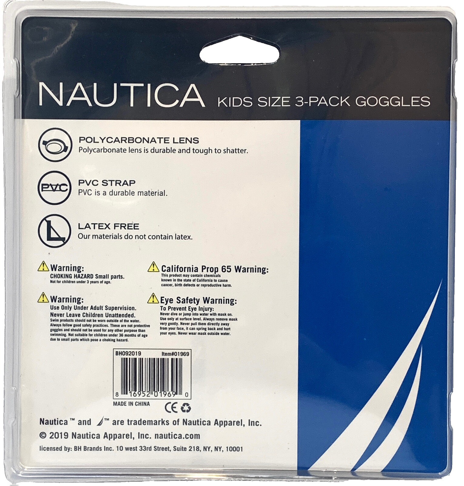 Nautica Goggles Kids Size 3 Pack Adjustable (3 Colors) Swimming Beach Pool