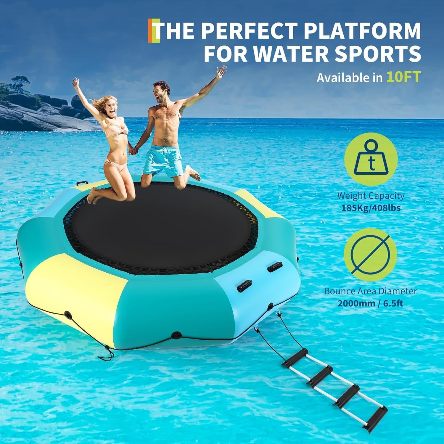 10FT Inflatable Water Trampoline 408LBS Floating Bounce with Pump and Ladder Kit