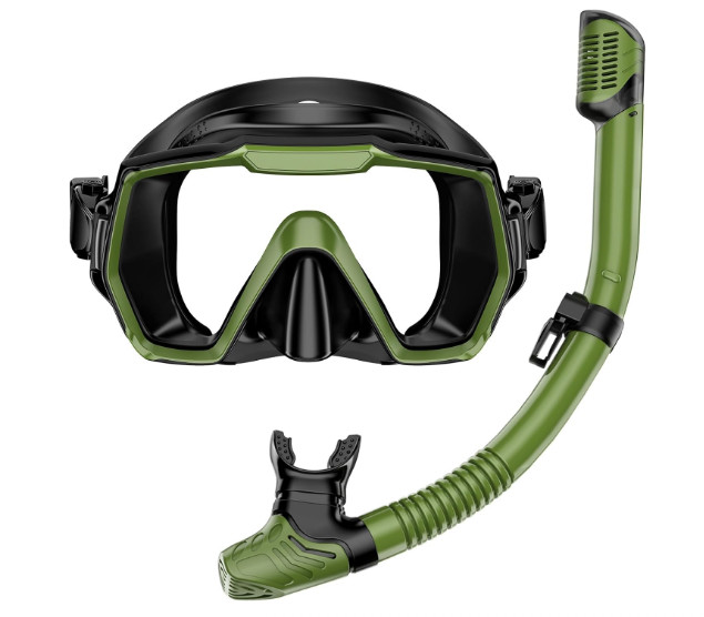 Snorkel Set Army Green Adult Mask Anti-Fog Anti-Leak Dry Top Dive Gear Kit, Gift